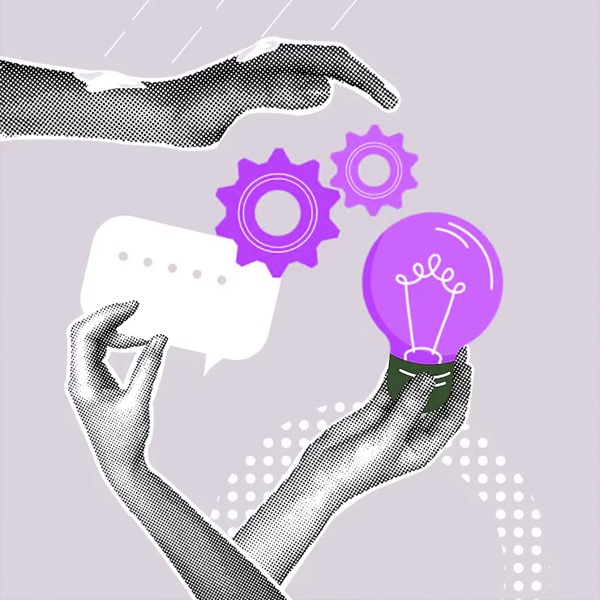 Creative digital marketing illustration with hands holding a lightbulb, gears, and speech bubble representing strategy and innovation