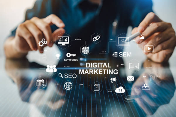 Person interacting with holographic digital marketing icons showing SEO, SEM, keywords and analytics