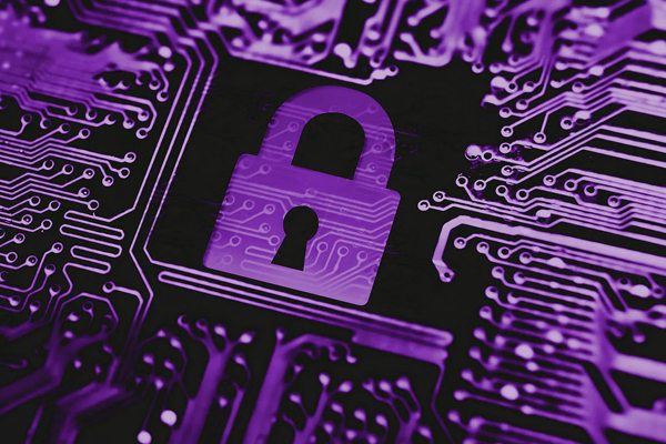 Purple padlock icon on circuit board pattern representing digital cybersecurity