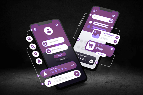 Two purple mobile app UI mockups showing login screen and e-commerce product page on dark background